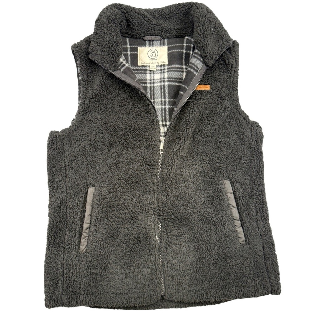 Sage Collective Mens Sherpa Fleece Vest‎ Charcoal Gray Plaid Lined Size Medium